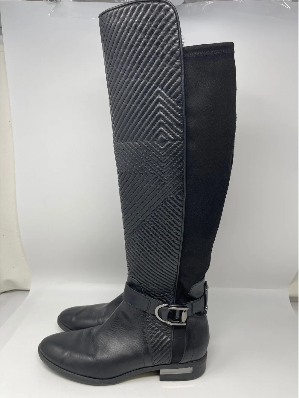 Black Leather Over The Knee Boots 9 Quilted Front Buckle Stretch Back Low Heel